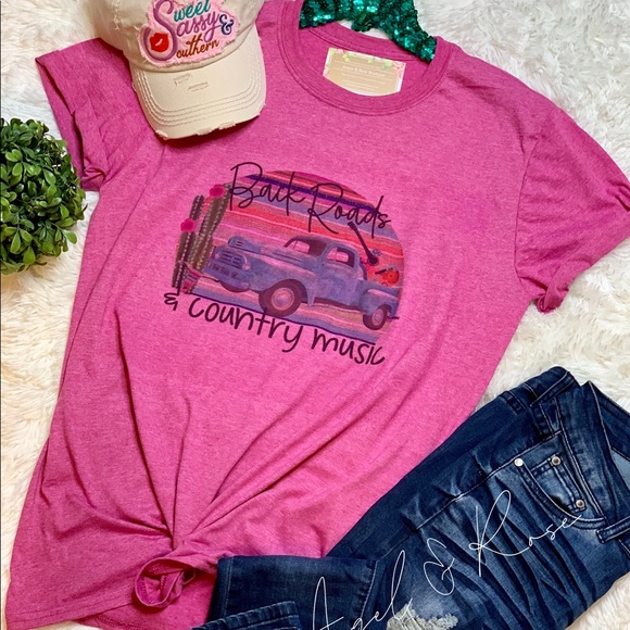 Back Roads & Country Music Berry Tee Shirt - Picture 1 of 1